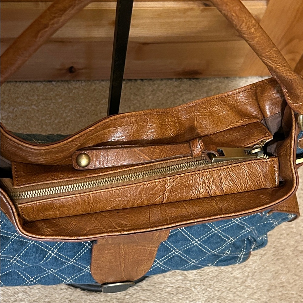 Denim and Faux Leather Diamond Stitched Hobo Style Bag - Picture 9 of 15